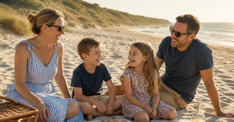 Family enjoying a beach picnic together, reflecting the work-life balance franchising can offer during the summer holidays
