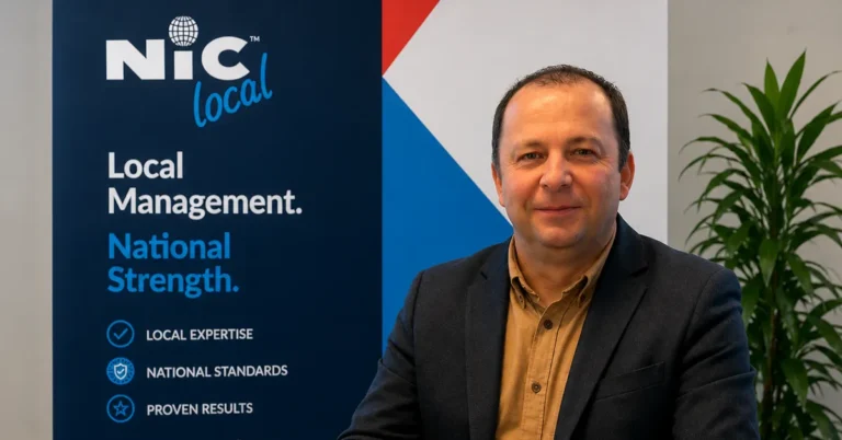 NIC Local franchisee Ismail Timurlenk sitting at a laptop in front of an NIC Local banner