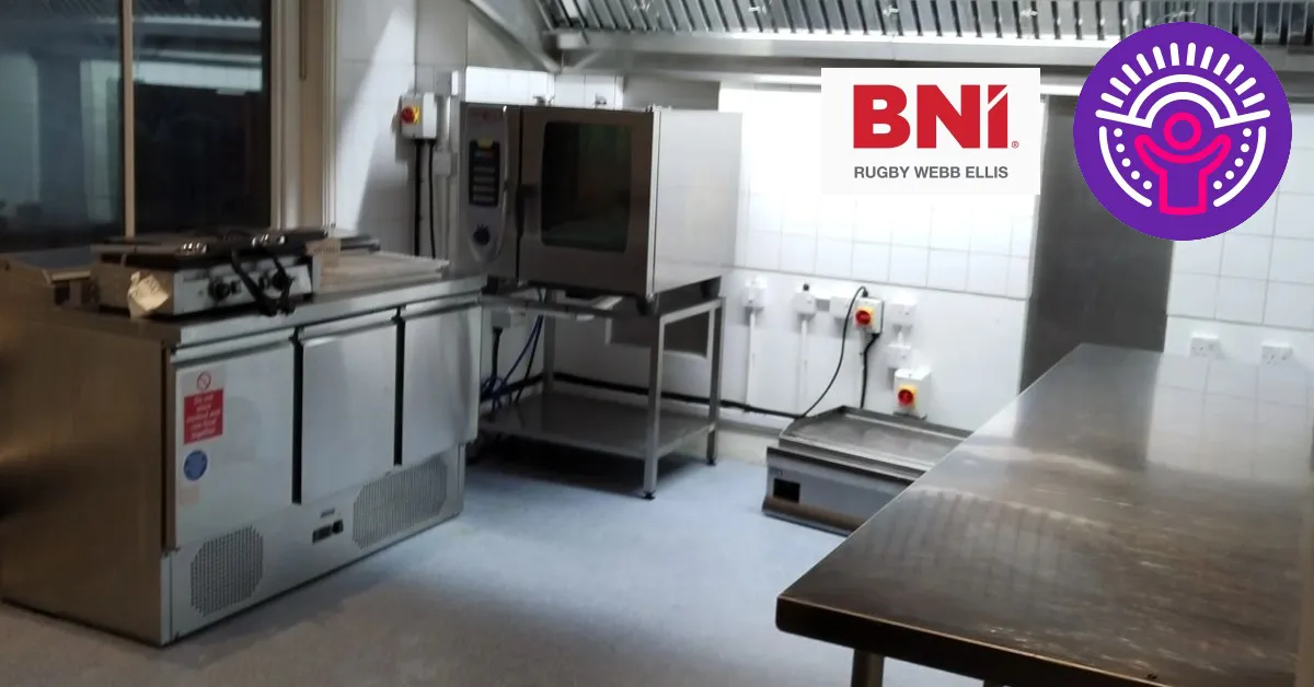 Freshly deep-cleaned commercial kitchen at Shine A Light Childhood Cancer Support's new Rugby premises, cleaned by NIC Local franchisees